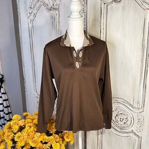VINTAGE Brown Long Sleeve Women's Rhinestone Embellished Polo Top